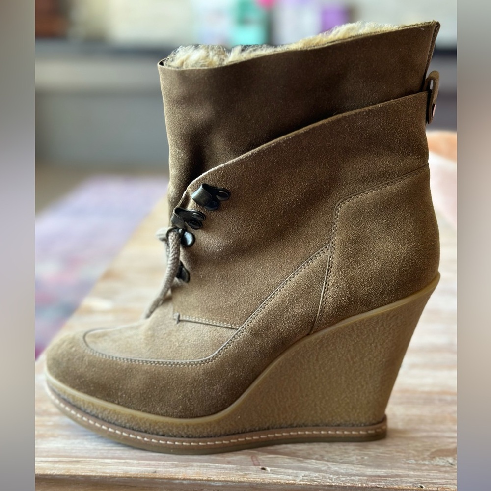 Veronica Beard Brown Suede Wedge Ankle Booties with Shearling Trim